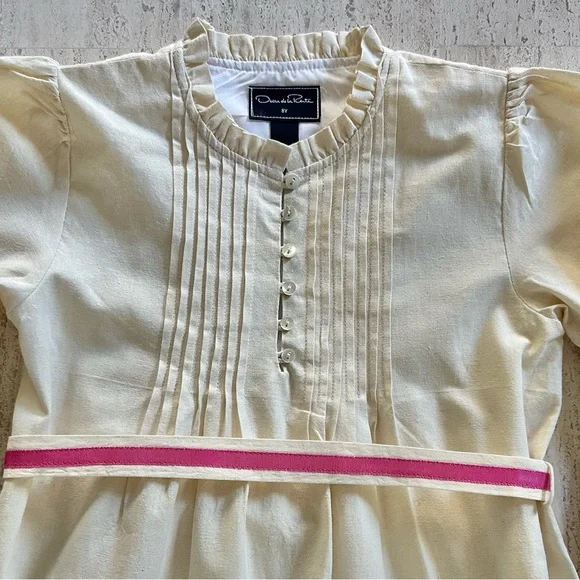 Oscar de la Renta Girl’s Pintuck Ruffle Trim Dress in Cream and Pink, Size 8Y